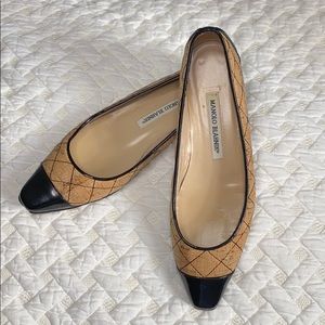 Manolo Blahnik Tan and Black Flats